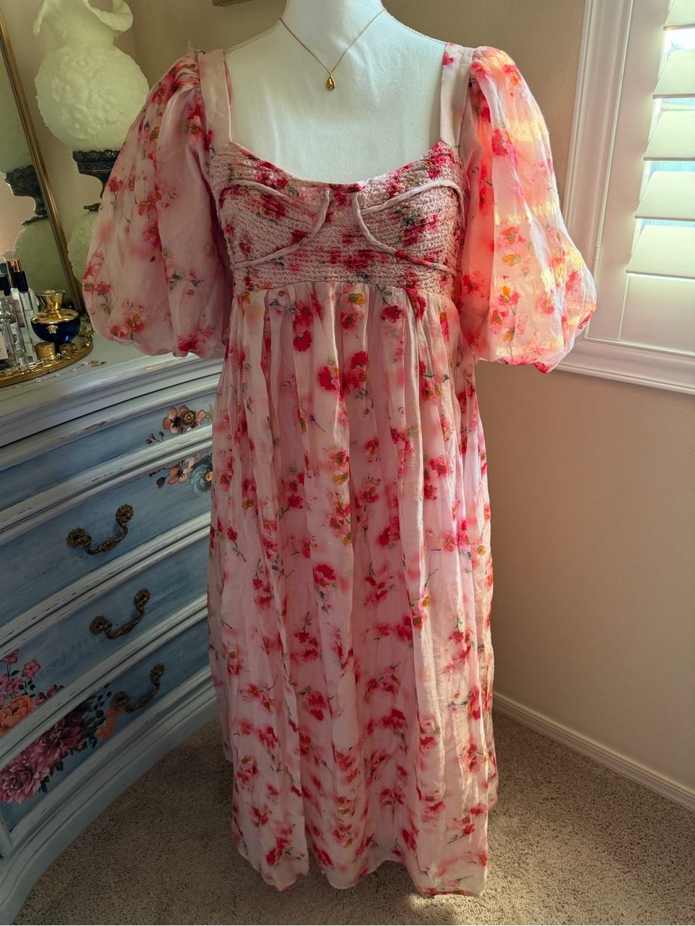 Pink Watercolor Midi Dress with Puff Sleeves “Gala Midi Dress”